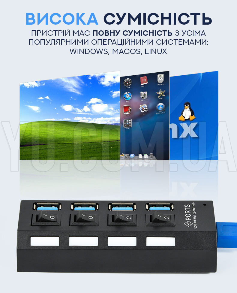 Разветвитель USB-хаб 5-11 на 4 порта USB 3.0 с переключателями Разветвитель USB-хаб 5-11 на 4 порта USB 3.0 с переключателями